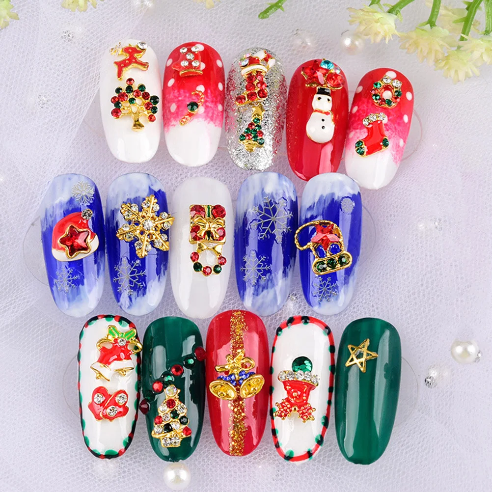 12pcs Christmas 3D Alloy Nail Stickers Rhinestone Inlaid Bling Bling Stickers Decoration (Mixed Style)