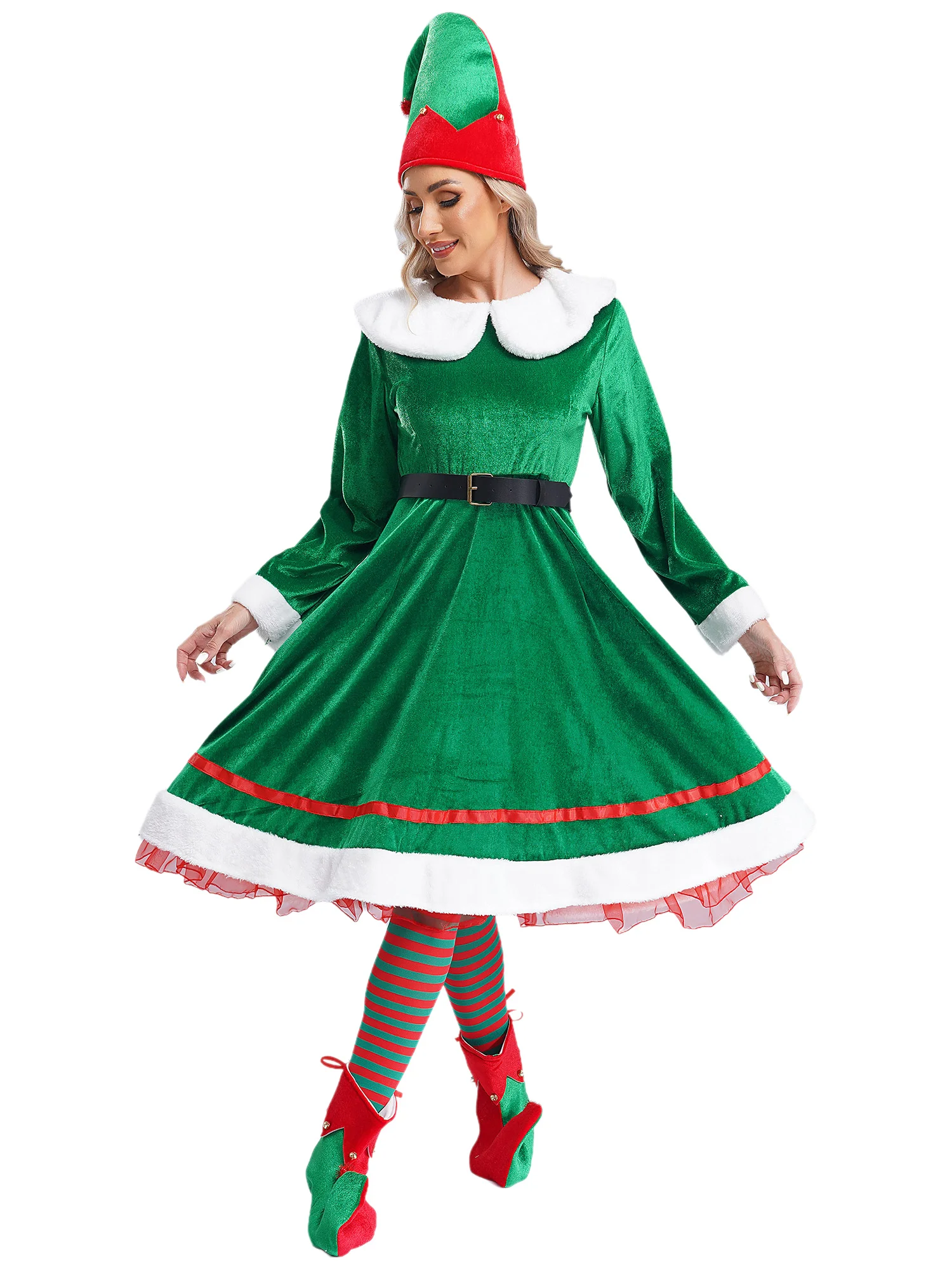 Disfraz de elfo de Navidad para mujer, disfraz de ayudante de Papá Noel, vestido de franela de manga larga, conjunto de Cosplay, traje de terciopelo para fiesta navideña, 5 uds.