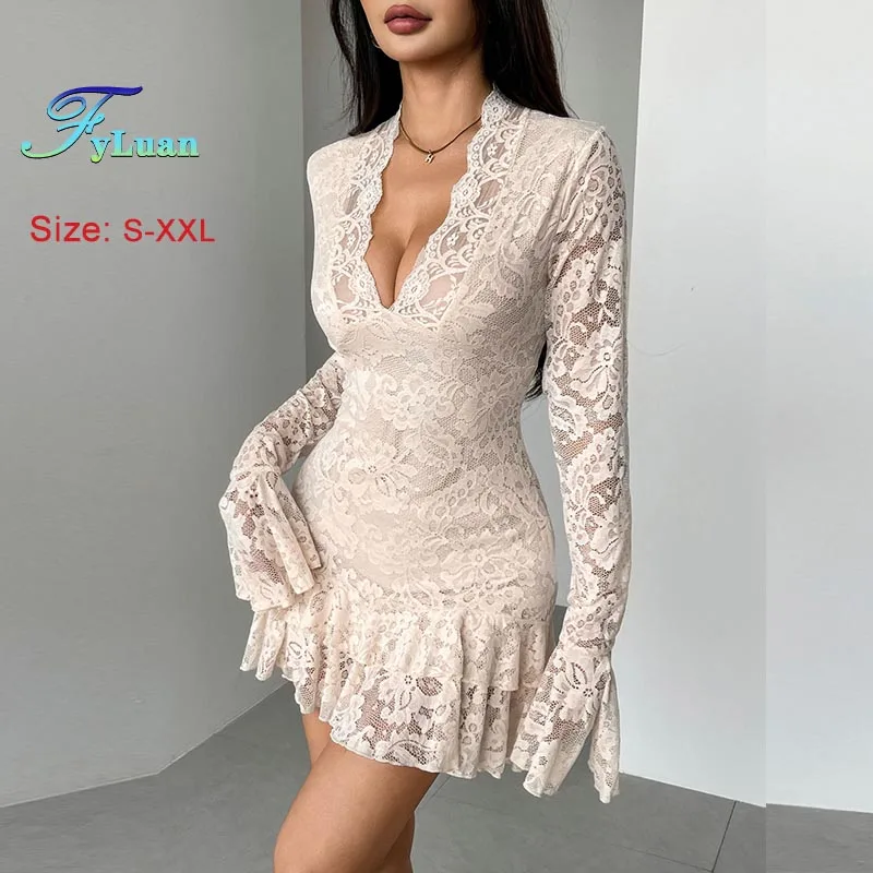 Neue Frauen Kleidung Sexy Spitze A-Line Kleid Tiefem V-ausschnitt Doppel Rüschen Kurzes Kleid Einfarbig Abnehmen Geburtstag Outfit Prom Kleider