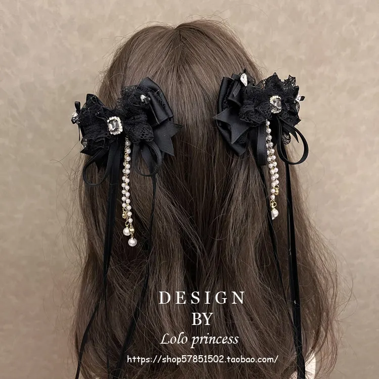 Heavy Industry Handmade Lolita Hair Accessories Black Bow Hairpin Temperament Hair Accessories Long Floating Pin Women