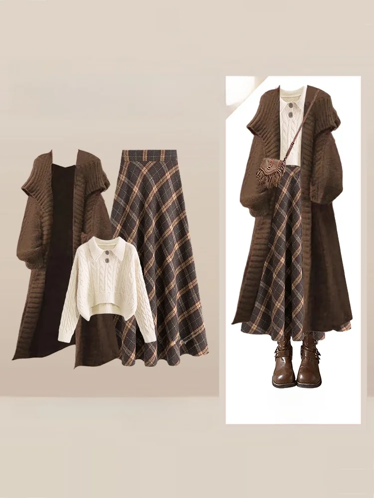 

Осенне-зимний комплект из свитера и юбки для женщин: кофейный цвет, повседневный стиль, модный ансамбль