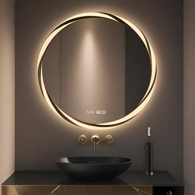 Circular Magnifying Mirror Bathroom Hanging Funky Nordic Aesthetic Modern Mirror Wavy Wall Light LED Espelhos Home Decorations