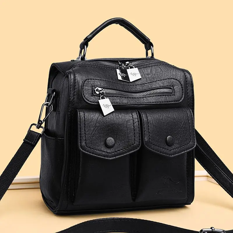 2023 New Backpack Women Fashion Casual Multi-Functional Leather Soft Leather Square Personalized Shoulder Bag