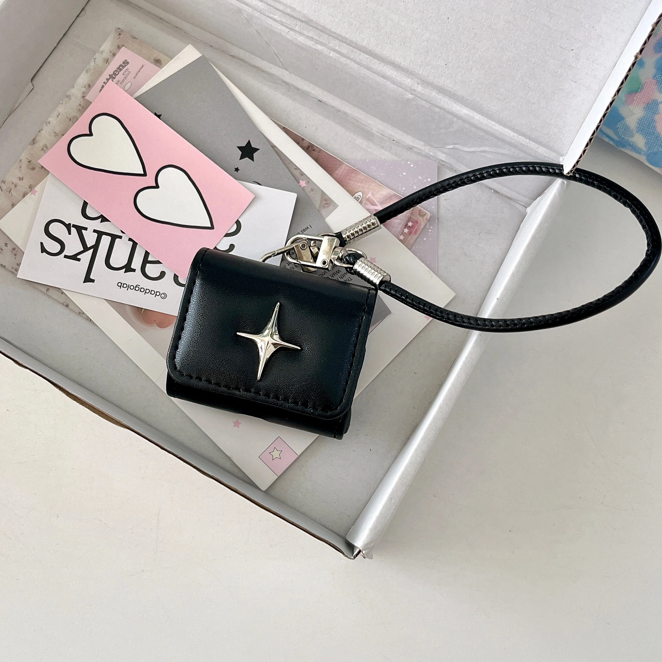 Stylish Luxury Metal North Star Faux Leather Shockproof Protective Cover Case For AirPods 1 2 3 4 Pro 2 Pro 3 with Lanyard view 3