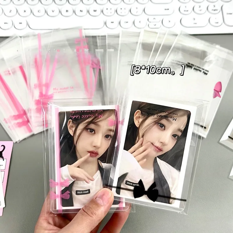 20Pcs Korean Ins Cute Pink Black Bow Card Self-adhesive Bag Kpop Star 3-inch Photo Card Kawaii Selling Card DIY Packing Pocket