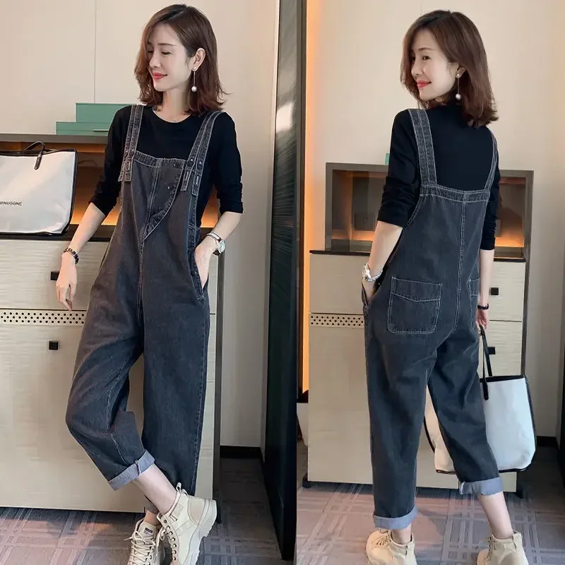 Spring Autumn New European Goods Overalls Women's Loose Women's Western Style Age-reducing Straight Denim Overalls