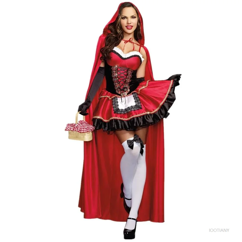 

Halloween Party Classic Fairy Tale Little Red Riding Hood Queen Cosplay Costume Stage Show Cartoon Fantasia Retro Princess Dress