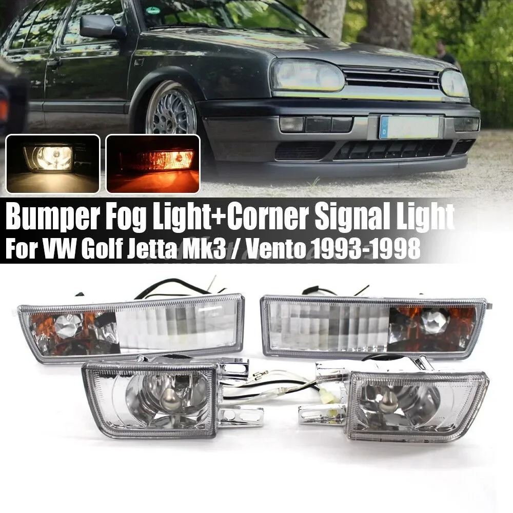 4PCS Set Clear Car Front Bumper Fog Light + Turn Signal Lamp For Volkswagen Jetta MK3 Golf 1992 ~1997 With 2 Pins Connectors