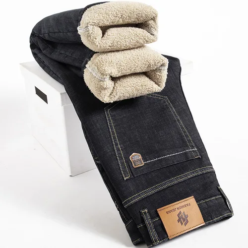 Imagen 1 del producto Pantalones rectos de mezclilla de pelusa de cordero de invierno para hombre, Vaqueros gruesos de talla grande 40, Vaqueros elásticos de cintura alta con forro polar, Vaqueros ajustados cálidos