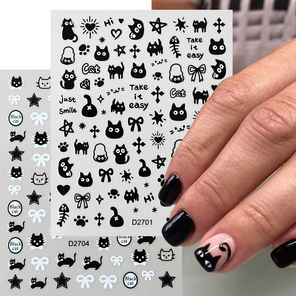 2pcs Cute Black Cat Fish Bones Nail Art Stickers Cat Paw/Cat Tail Kawaii Kitten Nail Decal Sliders Black Cat Expressions Sticker