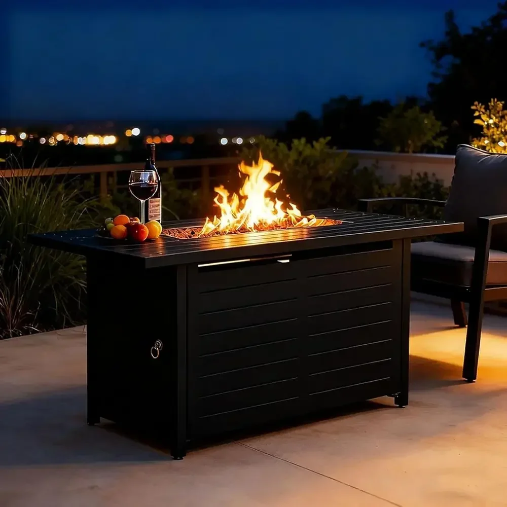 42 Outdoor Propane Fire Pit Table with Lava Rock Cover and Removable Lid for Patio, Deck, Garden, and Backyard Gatherings