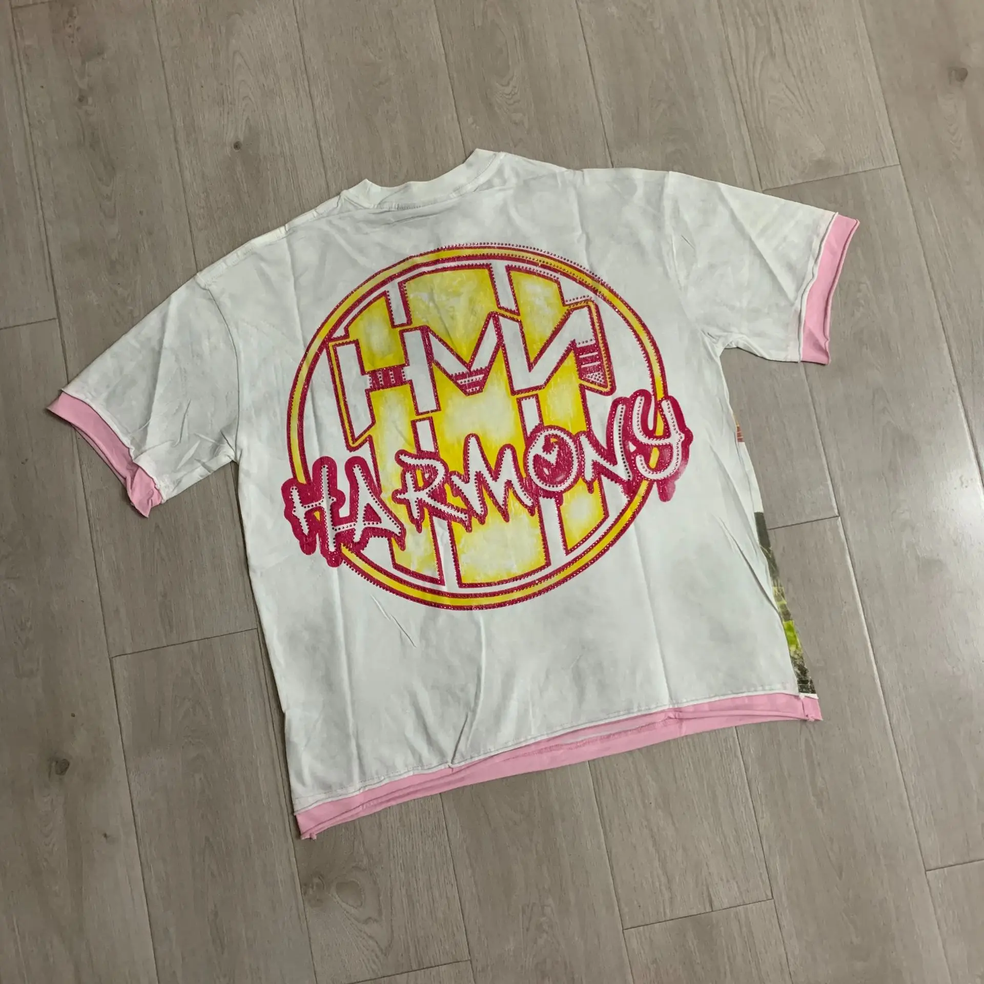 Harmony Hip-Hop Brand Diamond-Studded Patchwork Short-Sleeved T-Shirt for Men and Women Summer Streetwear