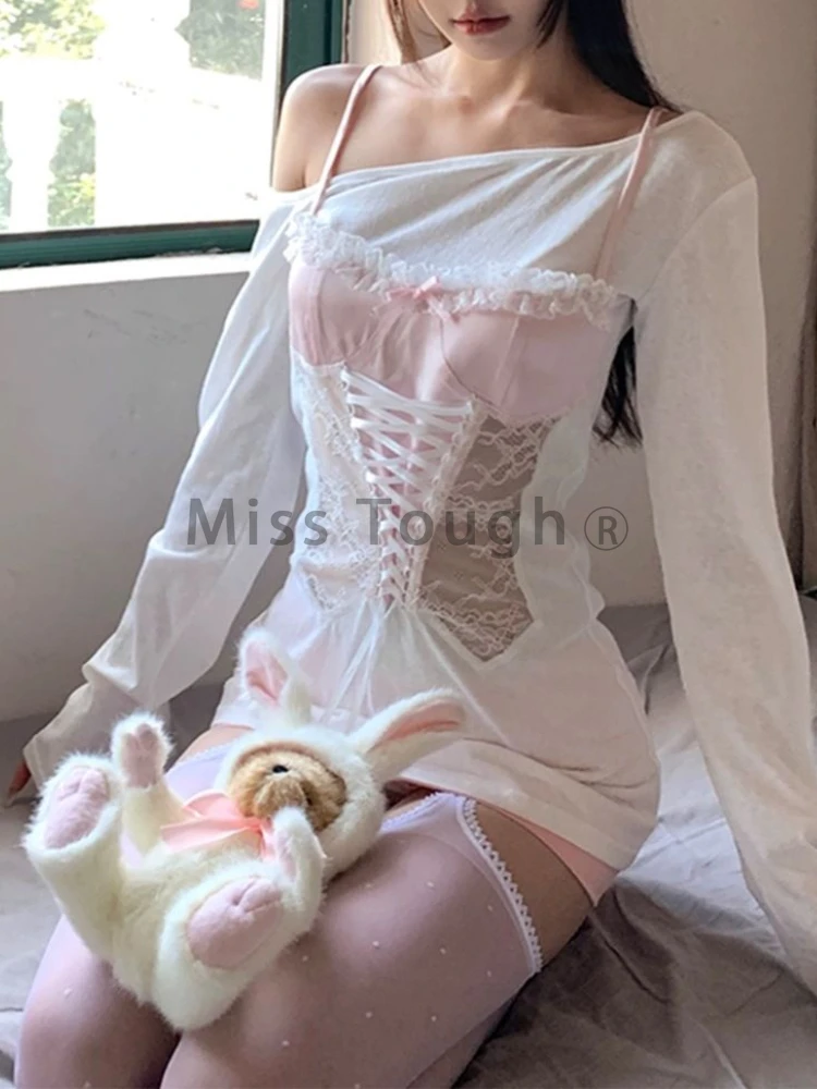 Autumn Winter Sexy Sweet New 2 Piece Set Women Off Shoulder Top + Pink Skirt Female Y2k Style Design Lolita Kawaii Suit 2024