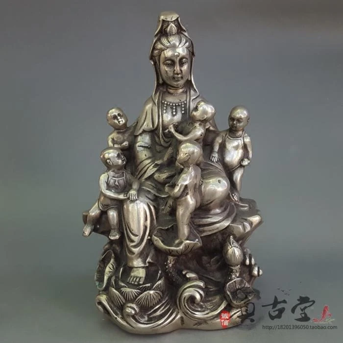 Antique Pure Copper, Brass, Silver Plated, Gift Giving Guanyin Ornaments, Wuzi Guanyin Home Offering, Praying, And Blessing Deco