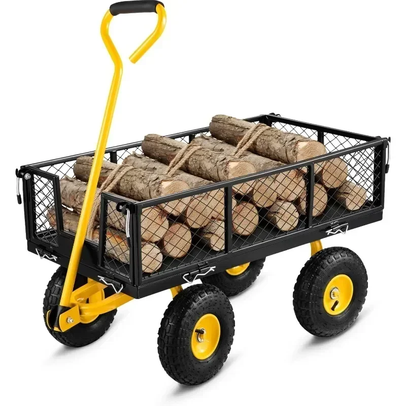 Steel Garden Cart, Heavy Duty 500 lbs Capacity, with Removable Mesh Sides to Convert into Flatbed, Utility Metal Wagon