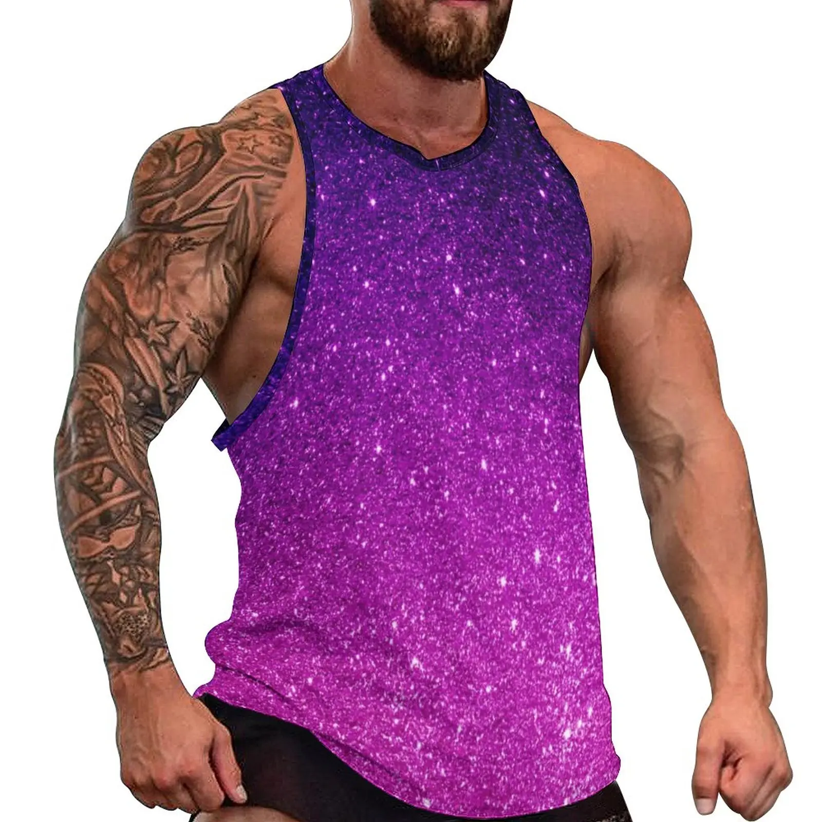 Glitter Ombre Print Beach Tank Top Magical Purple Bodybuilding Tops Males Custom Sportswear Sleeveless Vests Plus Size