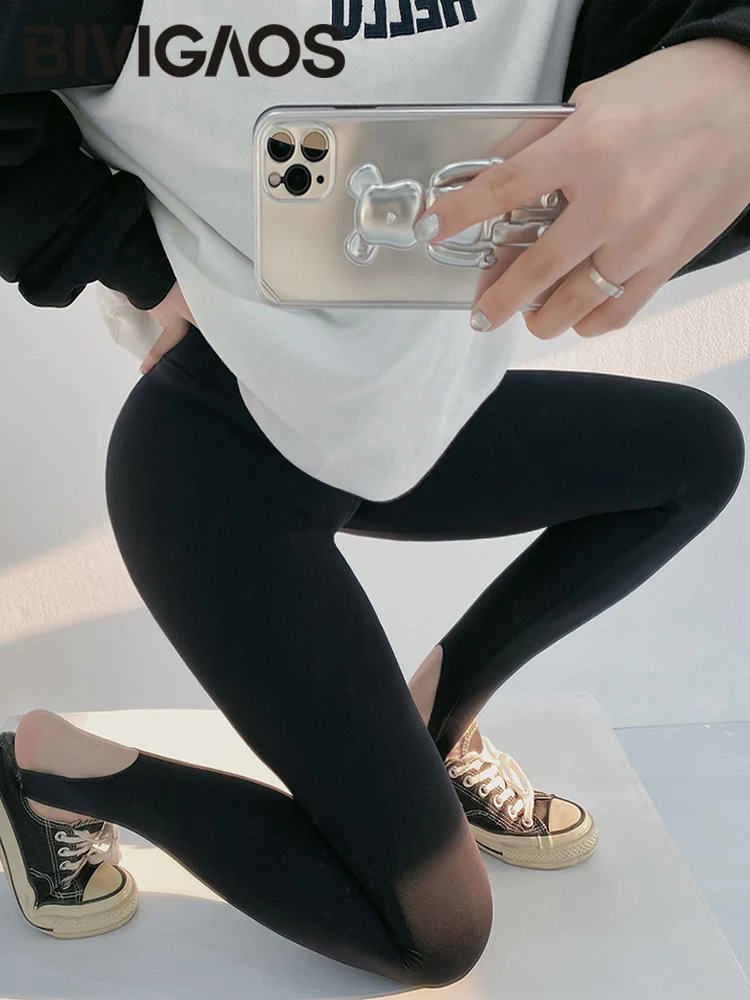 BIVIGAOS Spring Summer New Korean Foot Tights Leggings Women High Elasticity Sexy Thin Fitness Yoga Fashion Sharkskin Leggings