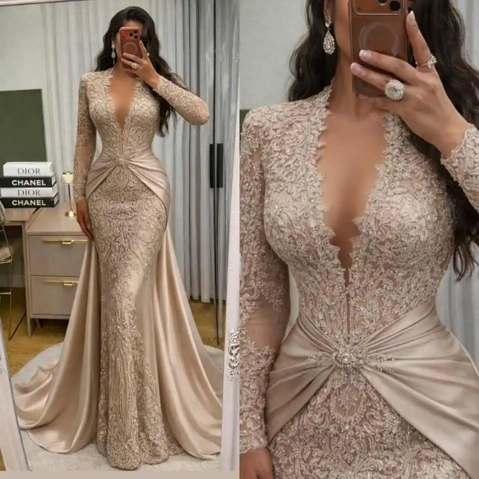 

Charming Beaded Appliques Mermaid Bridal Gowns Long Sleeve V Neck Wedding Dresses Customized Vestidos De Novia