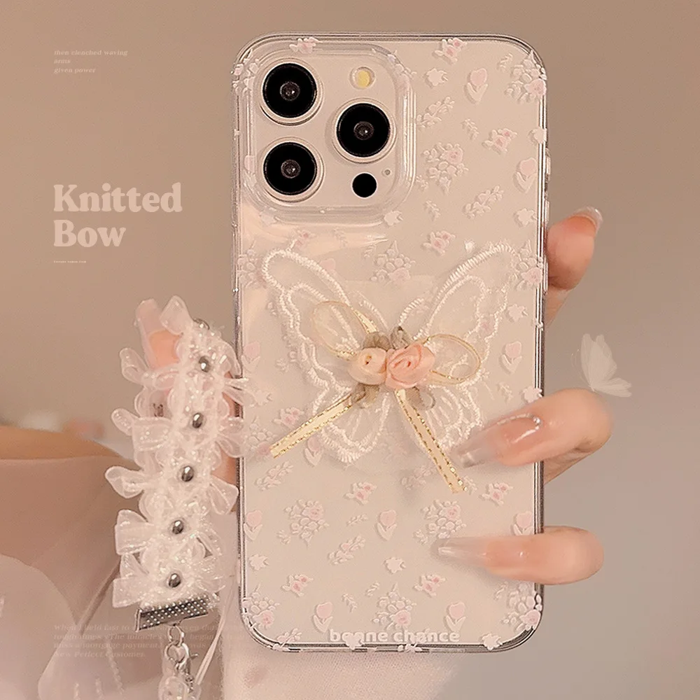 

Korean Clear Butterfly Embroidery Phone Case With Lace Wrist Strap For iPhone 13 12 11 14 15 16 Pro Max XR 7 8 Plus Soft Cover