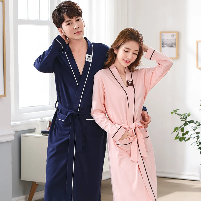 Couples Long Sleeve Cotton Pajamas Lightweight Cotton Robe Men's Women's Sleepwear V-Neck Open Cardigan Style Home Clothes
