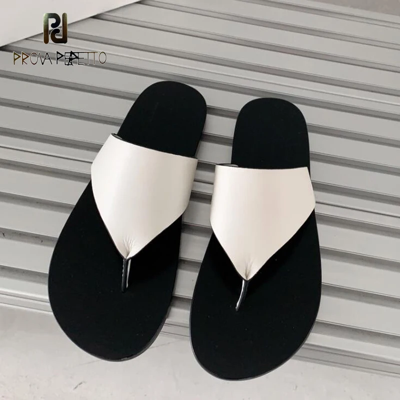 

Concise Style Women Real Leather Flip Flops Black White Slip on Flat with Shoes 2023 Summer New Designer High Quality Slides