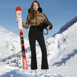 2025 New Sport One Piece Ski Jumpsuits Fur Hooded Women Snow Suits Outdoor Mountain Woman Overalls Windproof Snowboard Clothes