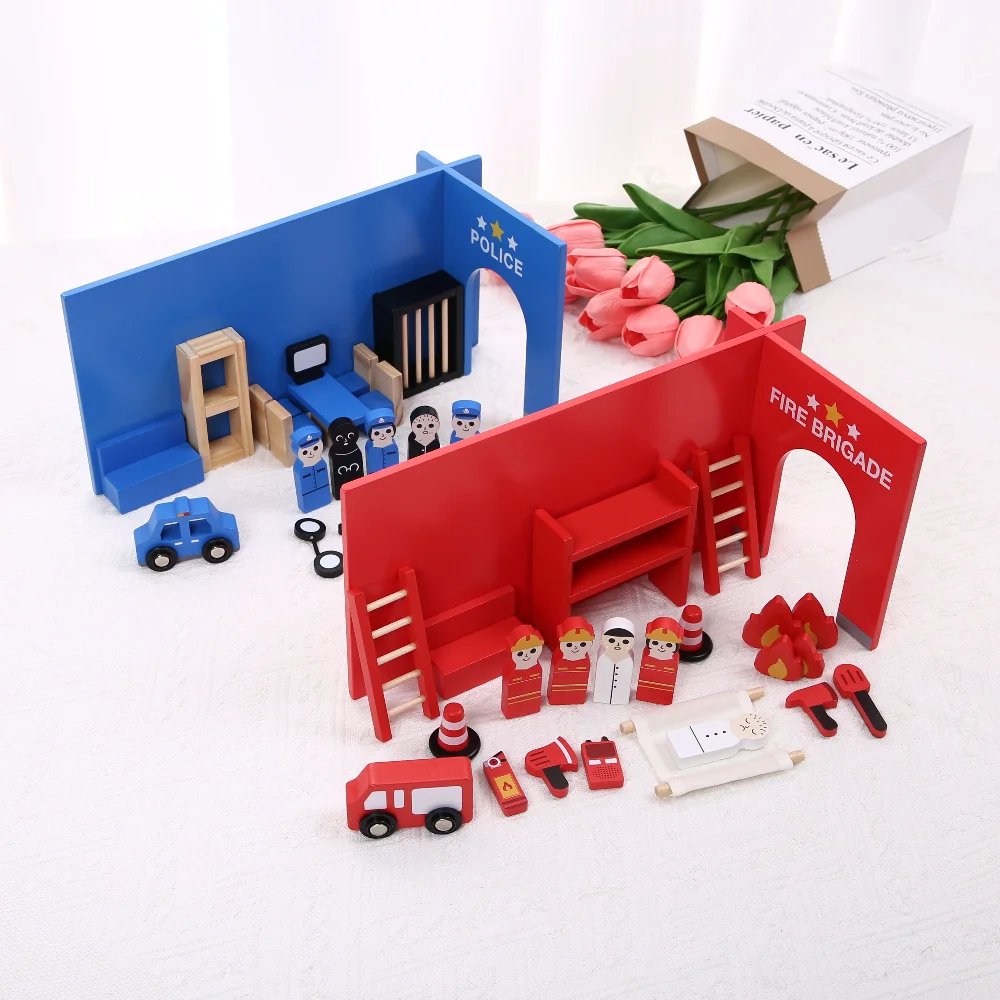 

Fire Station police station Playset Toys Wood Figures Pretend Play Educational Learning Toys for Boys Girls Kids Children