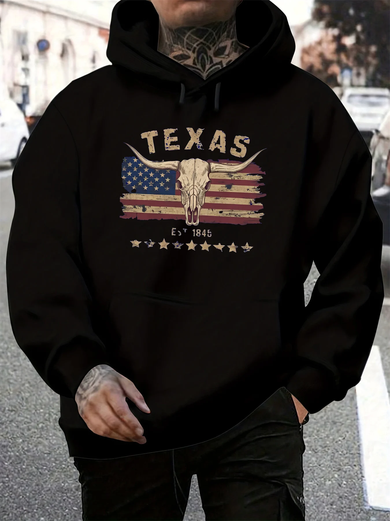 

Men's Hip-hop Gothic Street Autumn and Winter Casual Hooded Pullover with Long-horned Texas Bull Head Pattern Print Design