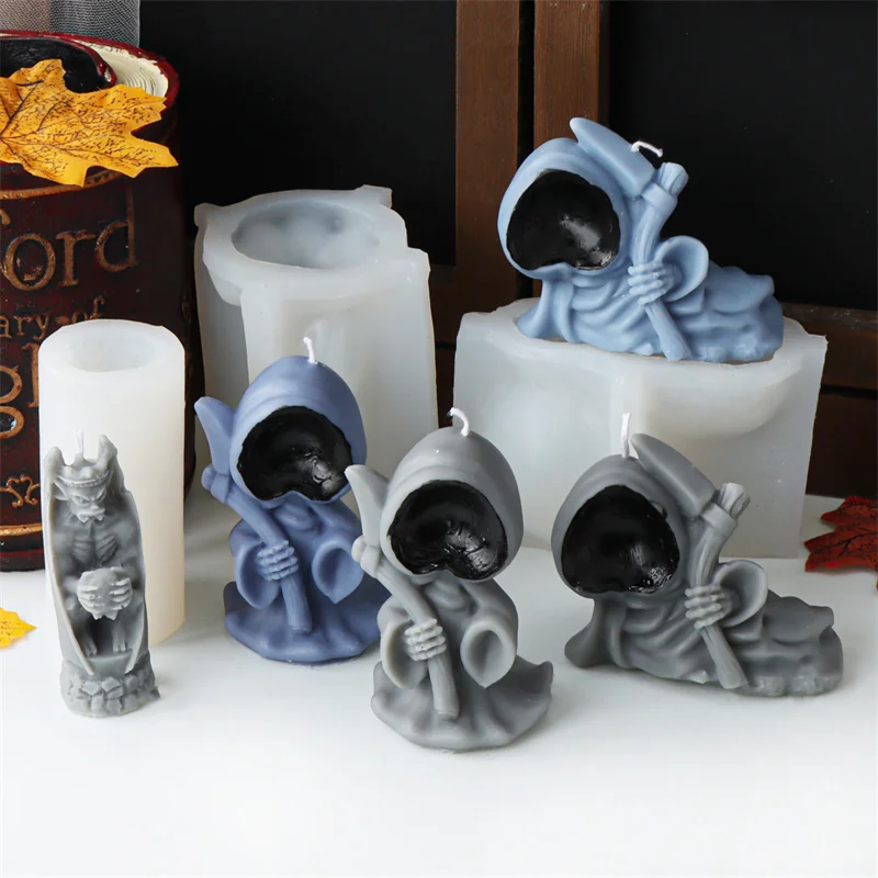 Robe Death Scythe Evil Reaper Silicone Mold DIY Halloween Skull Horror Party Make Plaster Resin Scented Candles Home Decor