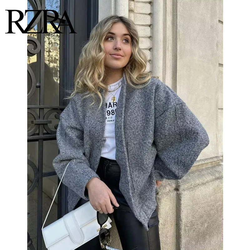 

RZRA Autumn New Women's Clothing 2024 Fashionable and Versatile Big Pocket Decoration Loose Bomber Jacket Coat Woolen Jacket