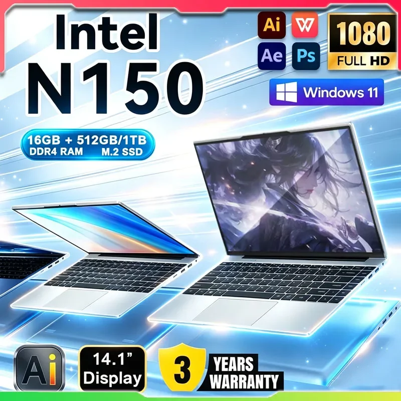 Intel N150 14.1" Gaming Laptop Windows 11 16GB RAM 1/2TB M.2 SSD Laptops 4K HD Desktop Office School Study Notebook Computer PC