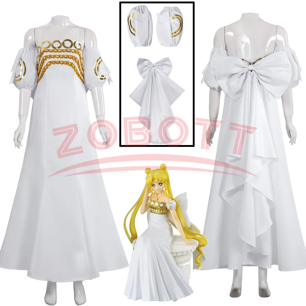 

Anime Princess Serenity Tsukino Usagi Cosplay Costume Bow White Long Woman Dress Big Bow Halloween Party Role Play Girl Men