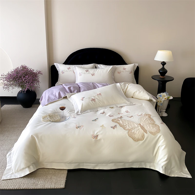 Butterfly Embroidery Luxury Bedding Set 1000TC Egyptian Cotton Brushed Fabric Duvet Cover Flat/Fitted Bed Sheet Pillowcases 4Pcs