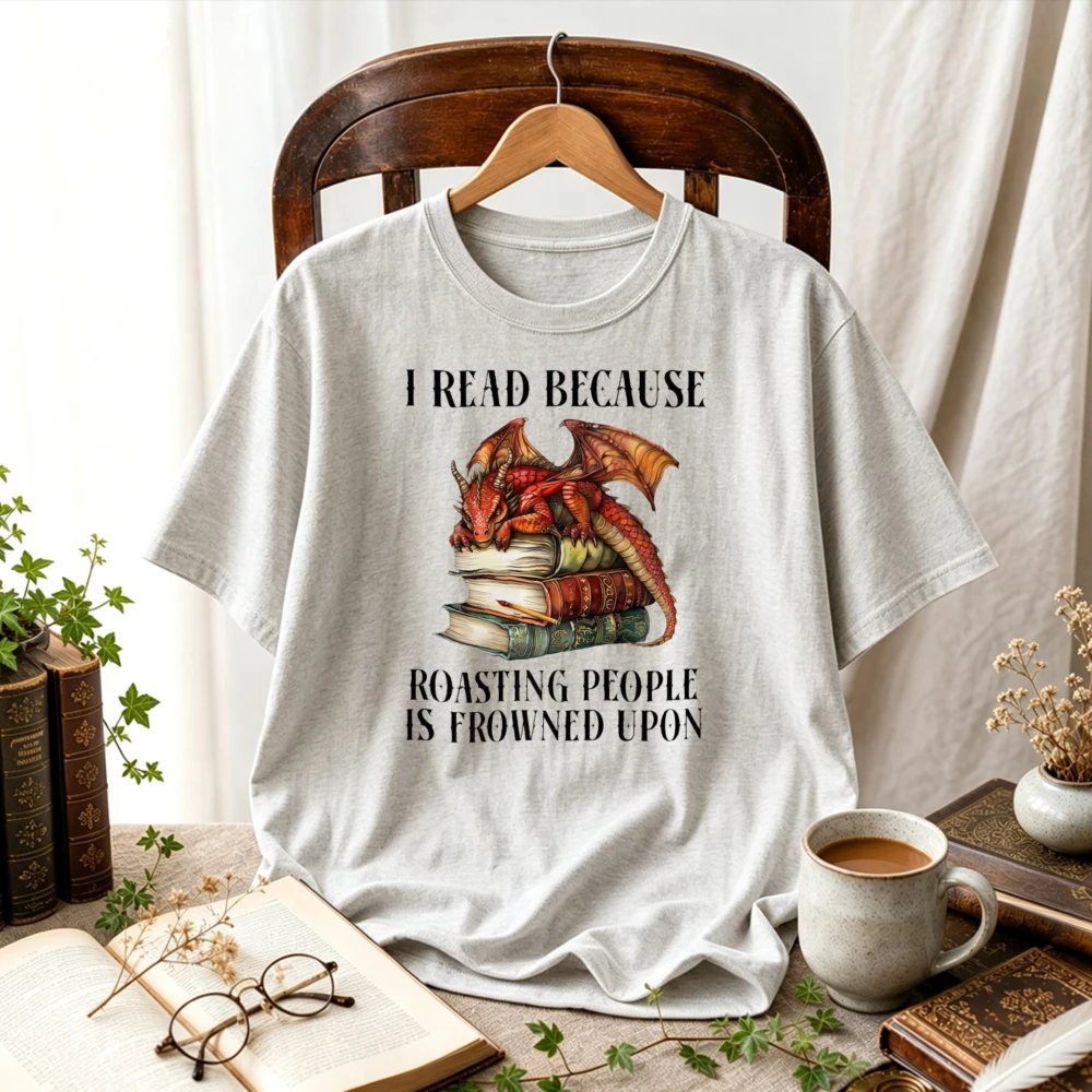 I Read Because Roasting People Is Frowned Upon T-Shirt Sleeping Red Dragon on Book Stack Graphic Fantasy Dragon Book Lover Gift