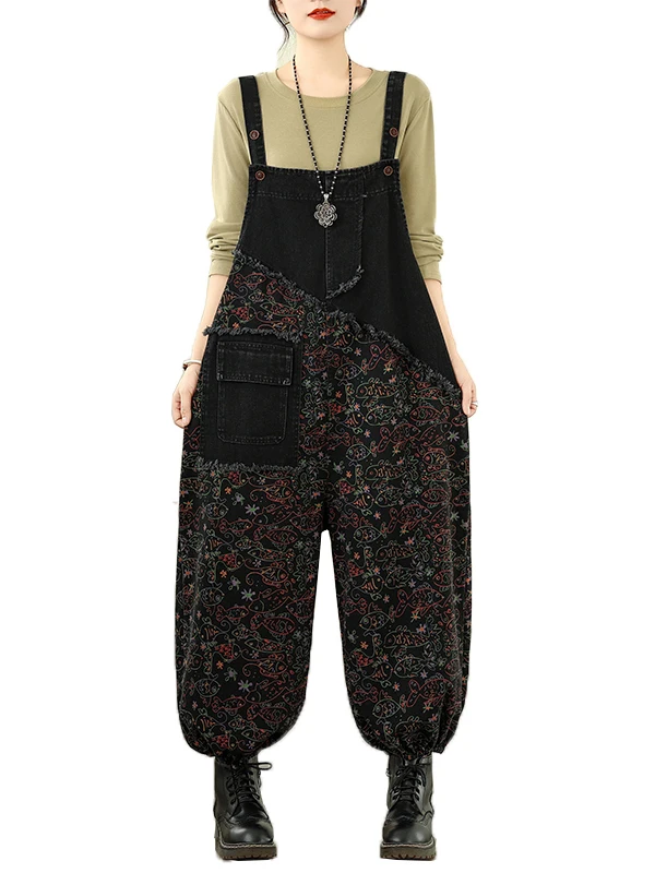 Casual Printed Denim Overalls Women's plus Size Faionable Personali Wide Leg Pants High Waist Straight Cut Spring Season