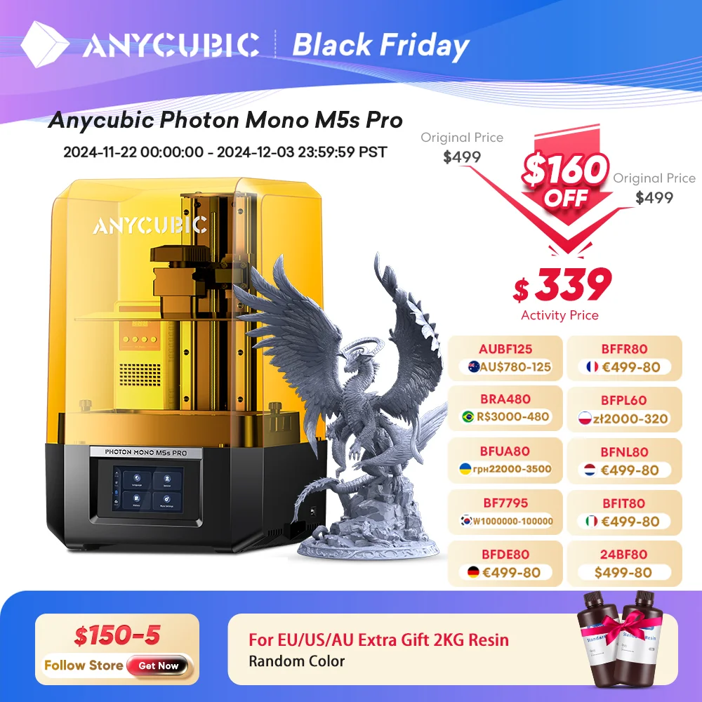 ANYCUBIC Photon Mono M5s Pro 10.1'' 14K High Speed SLA LCD Resin 3D Printer Leveling Free 150mm/h Printing Size 218*123*200mm