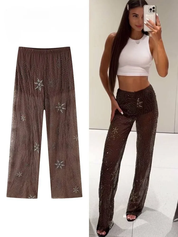 

Women Fashion Translucent Sequin Pants Vintage Brown Elastic Waist Straight Trousers Spring Summer Holiday Party Pant