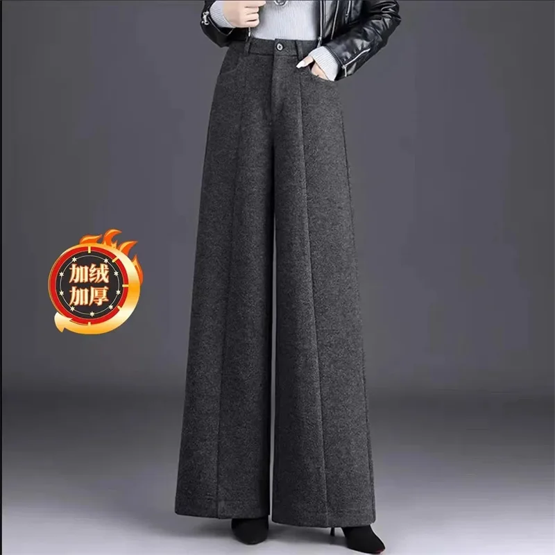 Middle Aged Mother Fashion Thicken Pantalons Korean Female Casual Loose Straight Pants Spring Autumn Lady Wide-leg Wool Trousers