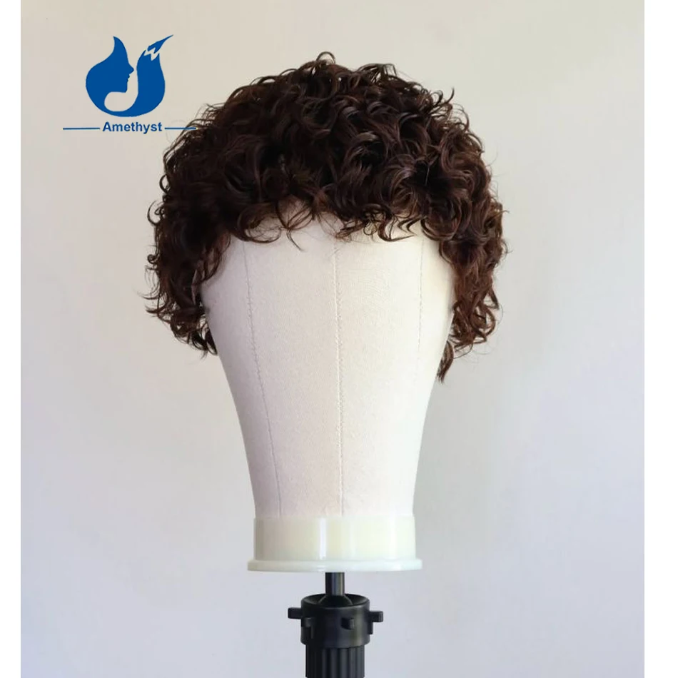 Amethyst Dark Brown And Natural Black Curly Brazilian Short Cut Full Lace Wig for Men Remy Human Hair Fashion Style