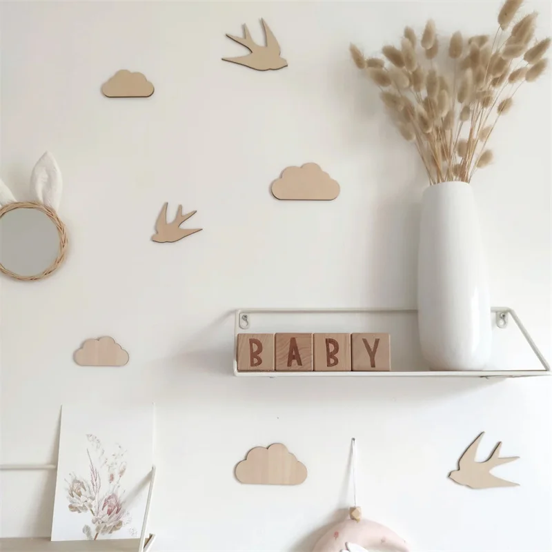 INS Nordic Wooden Wall Stickers 3D Rainbows Clouds Flowers Wood Sticker Kids Room Decoration Ornaments Home Crafts Nursery Decor