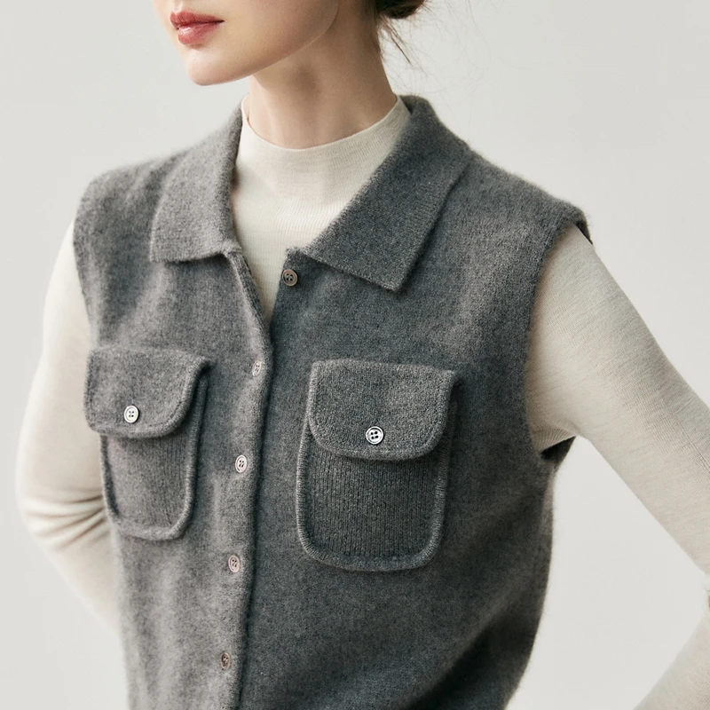 Women's 100% Cashmere Sweater Polo Collar Waistcoat Autumn Winter Vest Cashmere Knitwear Pockets Luxury Sleeveless Clothing Tops