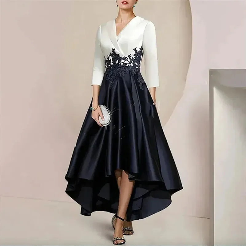 

Elegant White Black Mother of the Bride Dress V-Neck 3/4 Sleeves Satin Lace Appliques A-Line Wedding Guest Party Skirt for Women