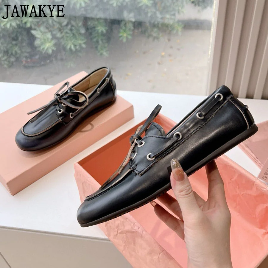 2024 Spring Suede Flat Loafers Shoes Woman Lace Up Leather Flats Casual Brand Out Door Driving Vacation Walking Shoes For Women