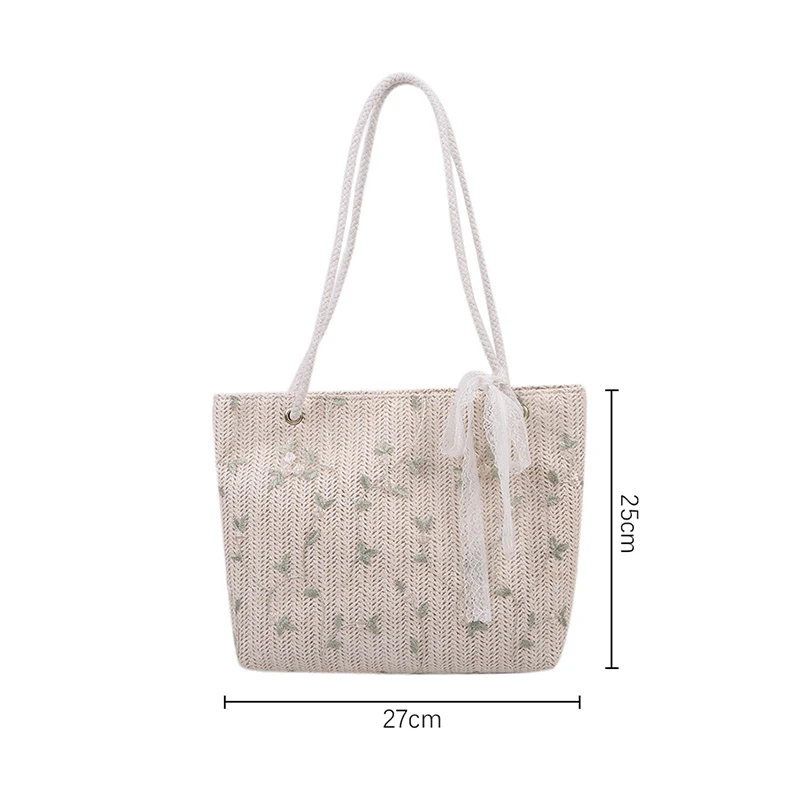 Fashion Summer Beach Woven Straw Handbag Cute Bowknot Lace Shoulder Bag For Women Girls Simple Shopping Portable Tote Bags