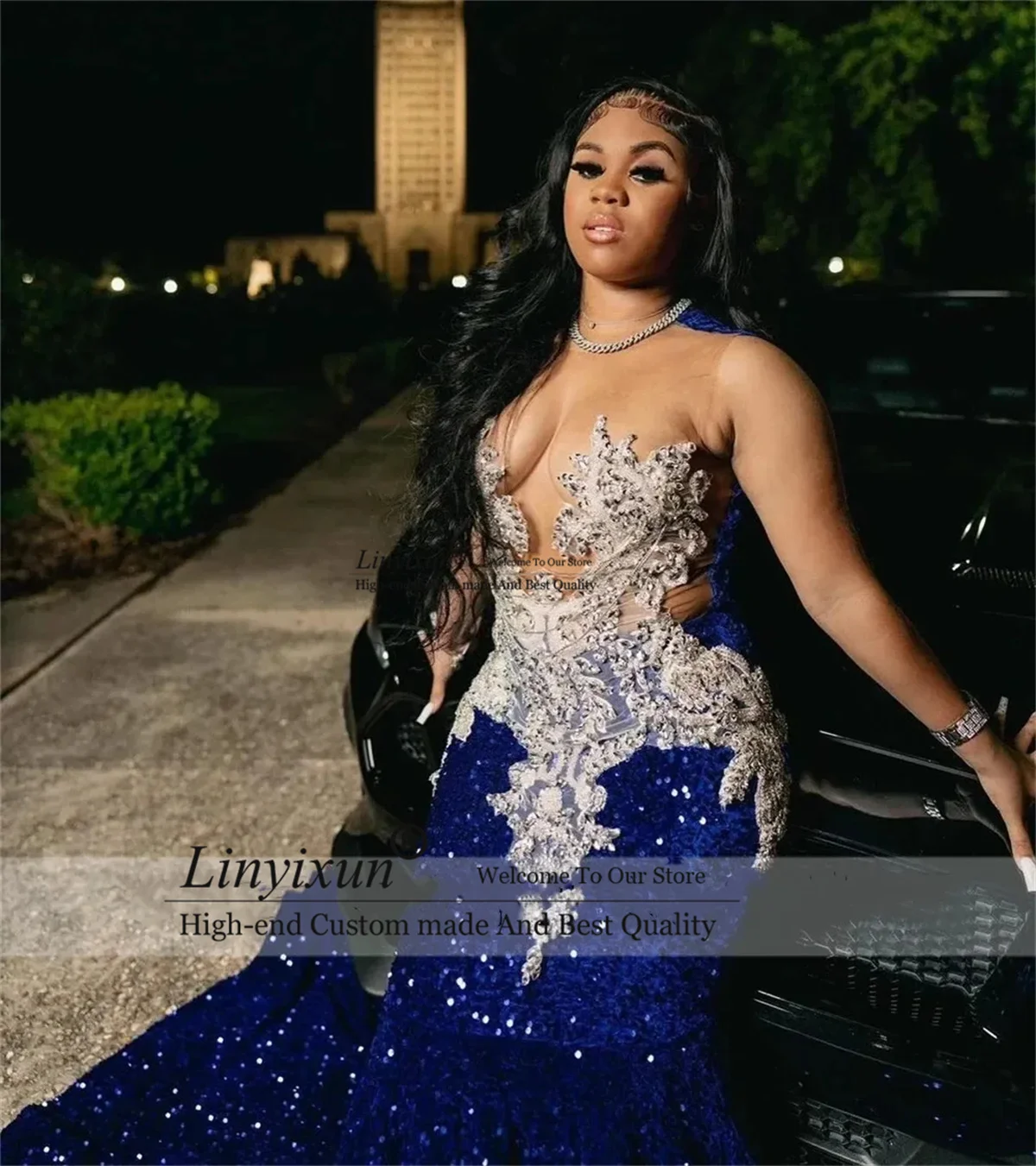 Royal Blue Sequins Beaded Appliques Prom Dresses For Black Girls Sheer Neck Sweep Train Mermaid Evening Gowns Long Party Dress