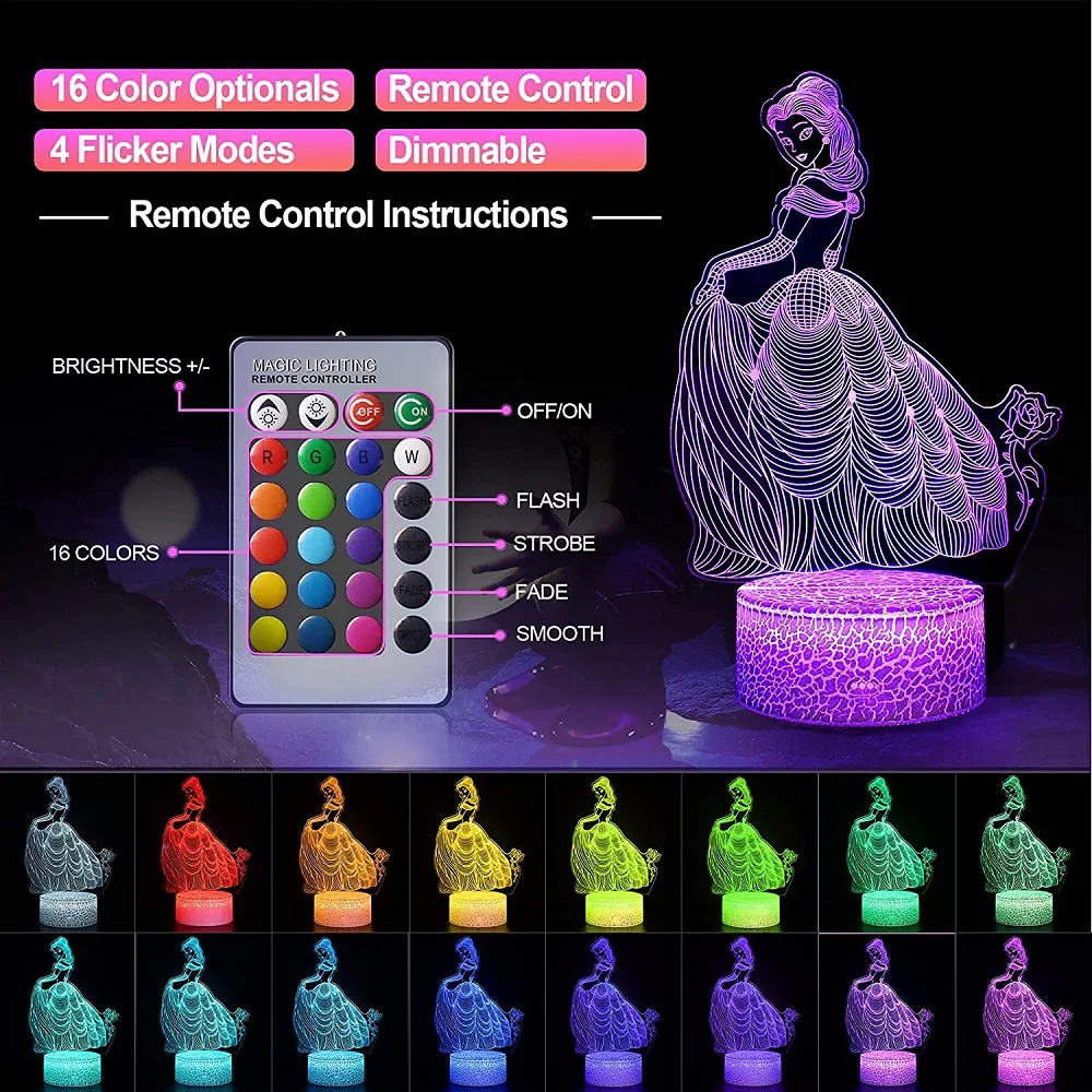 Princess Night Light 16 Colors Color Changing Night Light Dimmable LED Light with Remote Control Princess Toy Birthday Gif