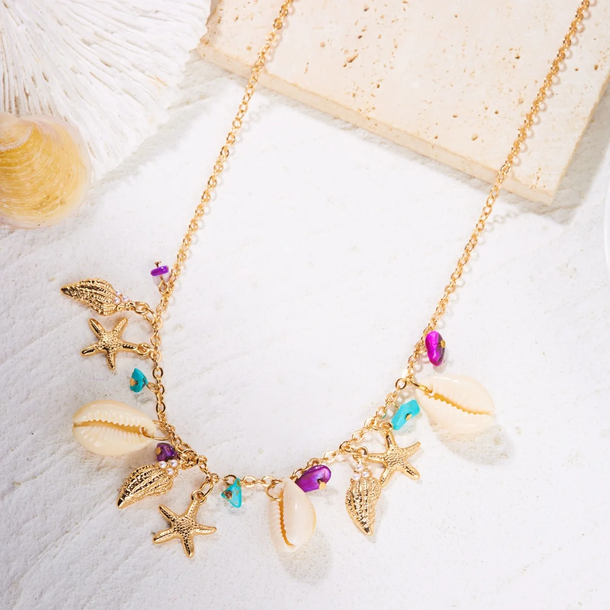 Boho-Halskette mit Muschel-, Seestern- und Schalenanhänger aus zerstoßenen Steinen für Damen und Herren, Ozean-, Strand-, Sommerurlaubsschmuck – Detail 15