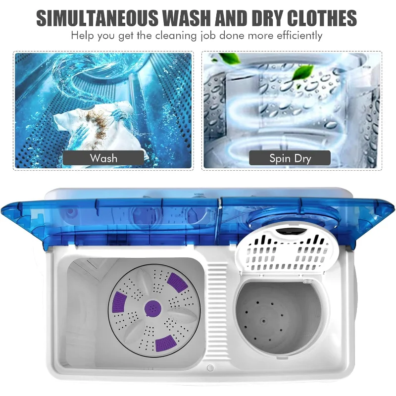 غسالة COSTWAY المحمولة، 2 في 1 حوض غسيل مزدوج بسعة 26 رطلًا (18 رطلًا) ودوار (8 رطل) مع مقابض تحكم