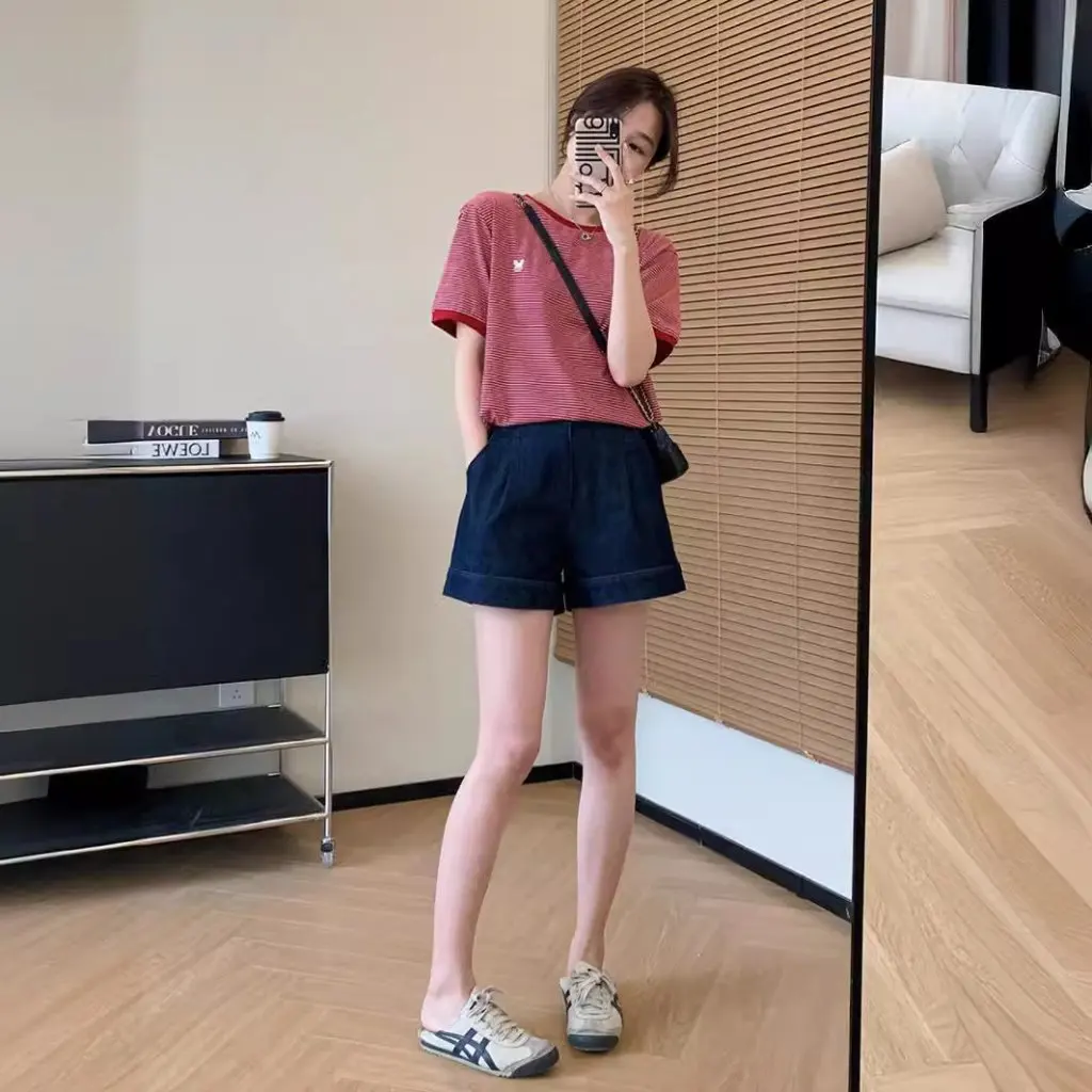 ZK Pantalones cortos vaqueros acampanados de cintura alta para mujer, pantalones de pierna ancha de Lycra elásticos de color original ecológicos, serie de cuatro caras