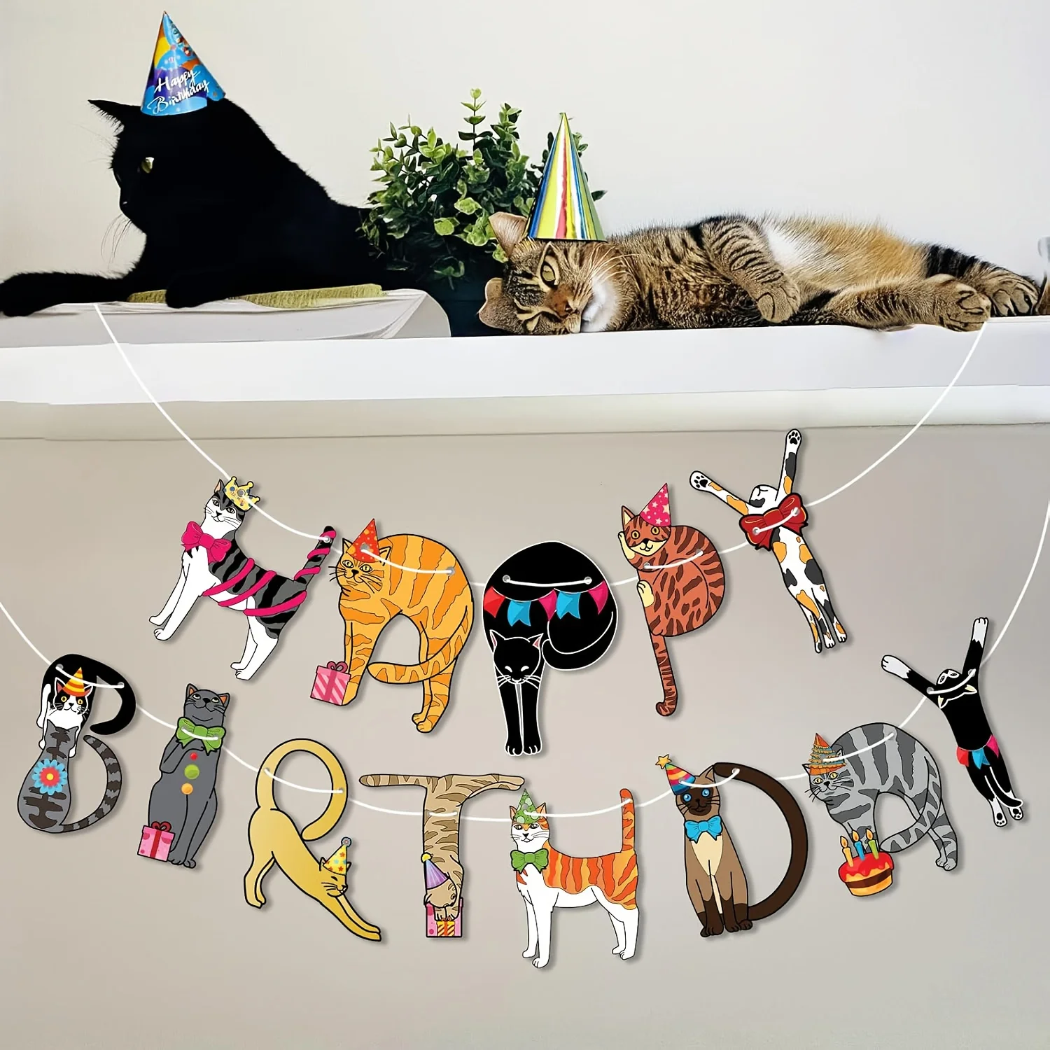 Geburtstagsparty-Banner, niedliche Katzendekorationen mit Happy Birthday-Aufdruck, einfach zu hängendes Banner für Mädchen und Jungen, Geburtstagsparty-Dekorationen. – Detail 8